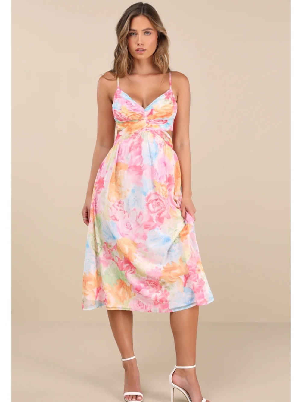 Lulus Ettalie Pink Multi Floral Lace-Up Cutout Chiffon Midi Dress NWT Small